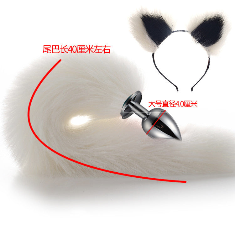 Image of 40cm All White Tail Double Erotic Fun Plush Hair Clip Ears Cosplay Makeup Metal Anal Plug Expansion
